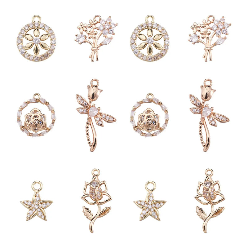 12Pcs CZ Stones Brass Charms Ring Flower Dragonfly Pendants for Jewelry Making