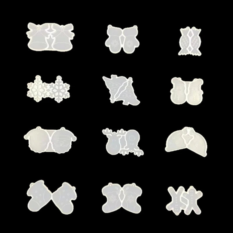 12Pcs Christmas Earrings Stud Resin Mold Bell Snowflake Elk Santa Hat Pendant