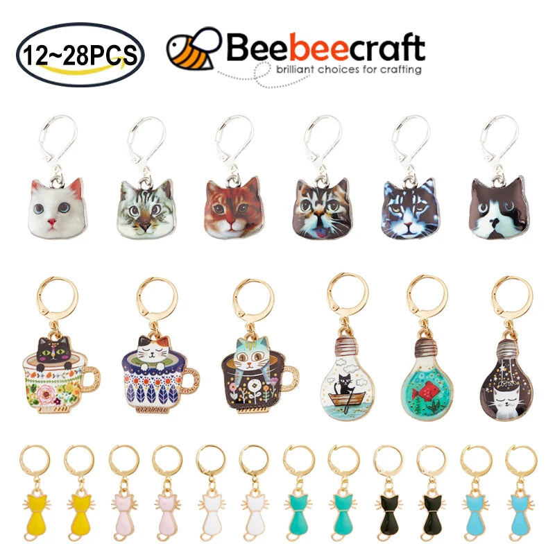 12Pcs Alloy Enamel Cat Crochet Stitch Markers - 6 Colors - Removable Locking