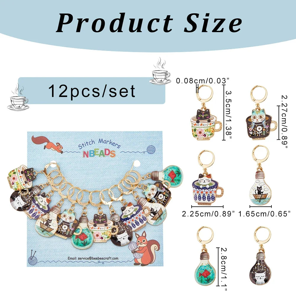 12Pcs Alloy Enamel Cat Crochet Stitch Markers - 6 Colors - Removable Locking