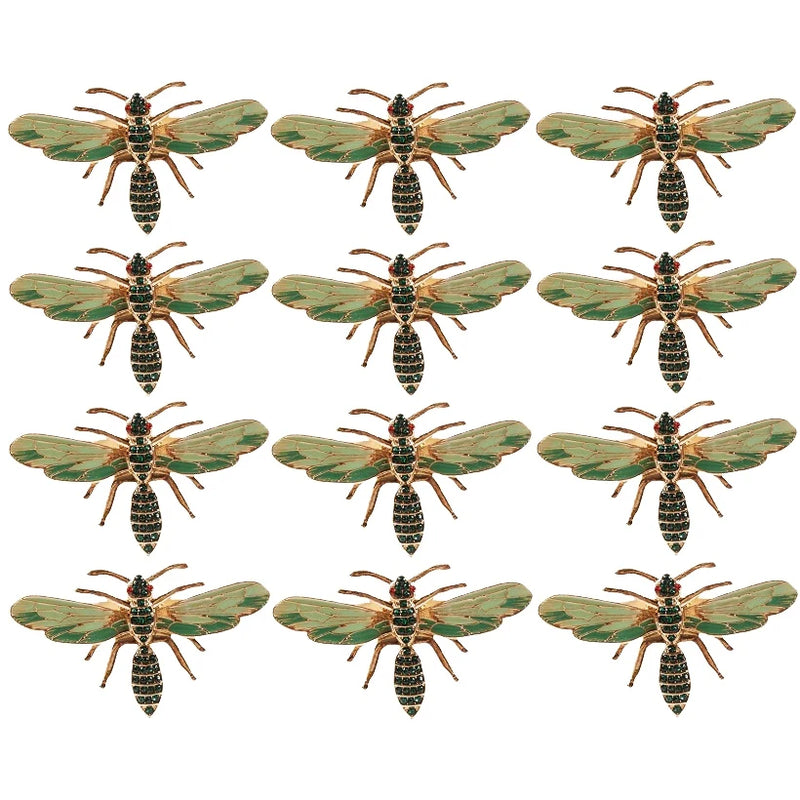 12Pcs Green Insect Napkin Ring Holder Diamond Buckle