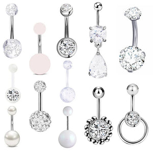 12Pcs Pink Navel Piercing Rings Faux Pearl Button Zircon Bar Sexy Unisex Jewelry