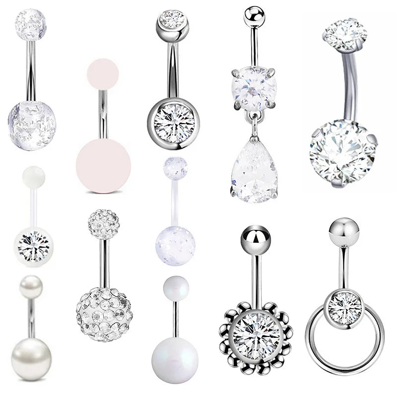 12Pcs Pink Navel Piercing Rings Faux Pearl Button Zircon Bar Sexy Unisex Jewelry