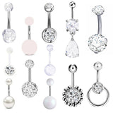 12Pcs Pink Navel Piercing Rings Faux Pearl Button Zircon Bar Sexy Unisex Jewelry