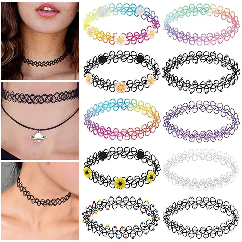12Pcs/Set Stretch Tattoo Choker Necklaces Vintage Elastic Flower Necklace