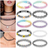 12Pcs/Set Stretch Tattoo Choker Necklaces Vintage Elastic Flower Necklace