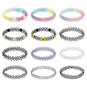 12Pcs/Set Stretch Tattoo Choker Necklaces Vintage Elastic Flower Necklace