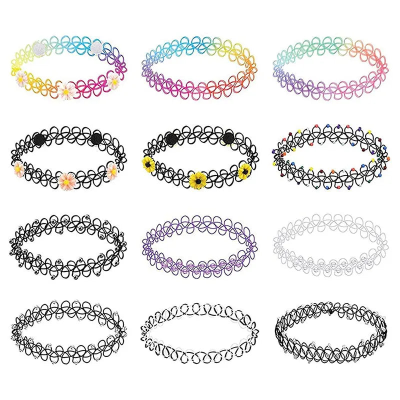 12Pcs/Set Stretch Tattoo Choker Necklaces Vintage Elastic Flower Necklace