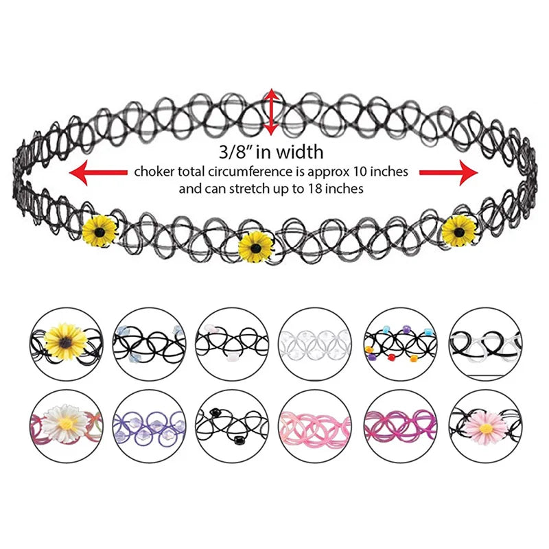 12Pcs/Set Stretch Tattoo Choker Necklaces Vintage Elastic Flower Necklace