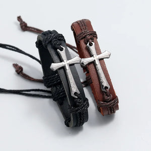 12Pcs Vintage Cross Woven Cowhide Bracelet Adjustable Leather Bracelet