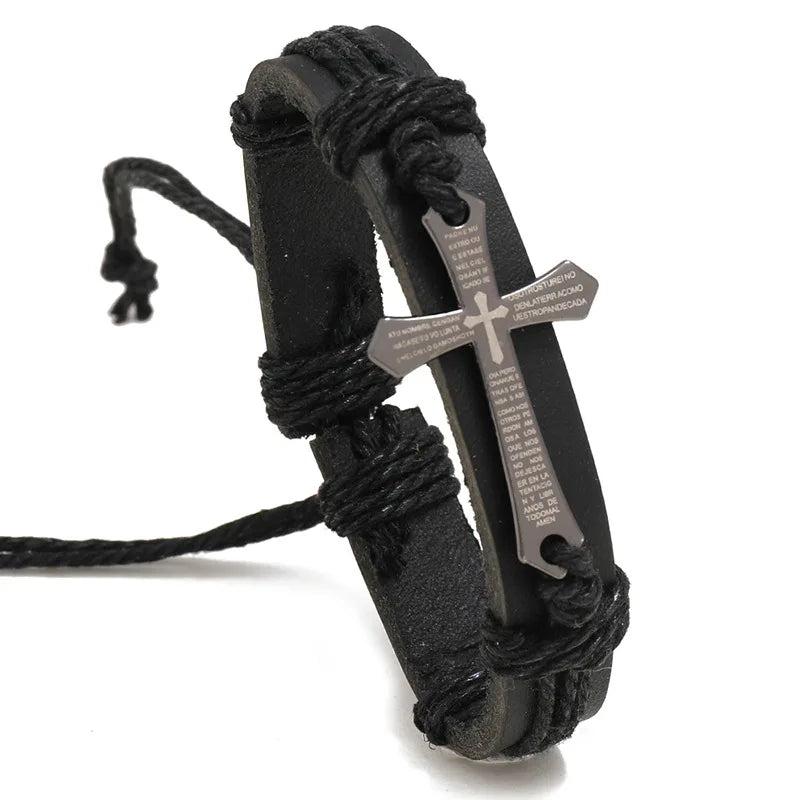 12Pcs Vintage Cross Woven Cowhide Bracelet Adjustable Leather Bracelet