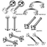 12Pc Surgical Steel Crystal Labret Eyebrow Nose Stud Horseshoe Tragus Piercing
