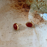 18k Gold Plated 925 Sterling Silver Red Agate Oval Stud Earrings
