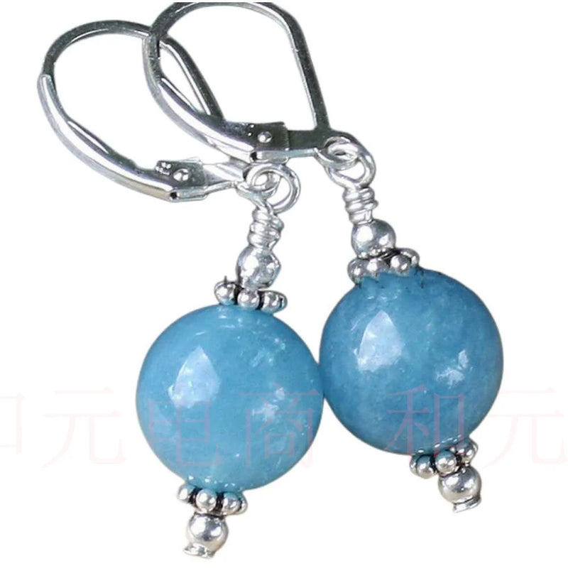 Chalcedony Gemstone Round Beads Silver Earrings Gift Jewelry