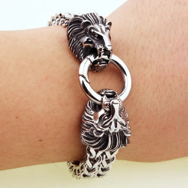Stainless Steel Lion Head Mens Bracelet Bangle 8.66inch