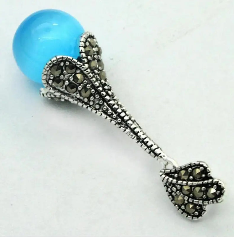 12mm Sand Jade Round Bead Sterling Silver Marcasite Pendant