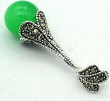12mm Sand Jade Round Bead Sterling Silver Marcasite Pendant