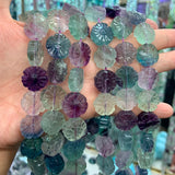 12mm Natural Fluorite Stone Beads 15'' Carved Flower DIY Loose Beads