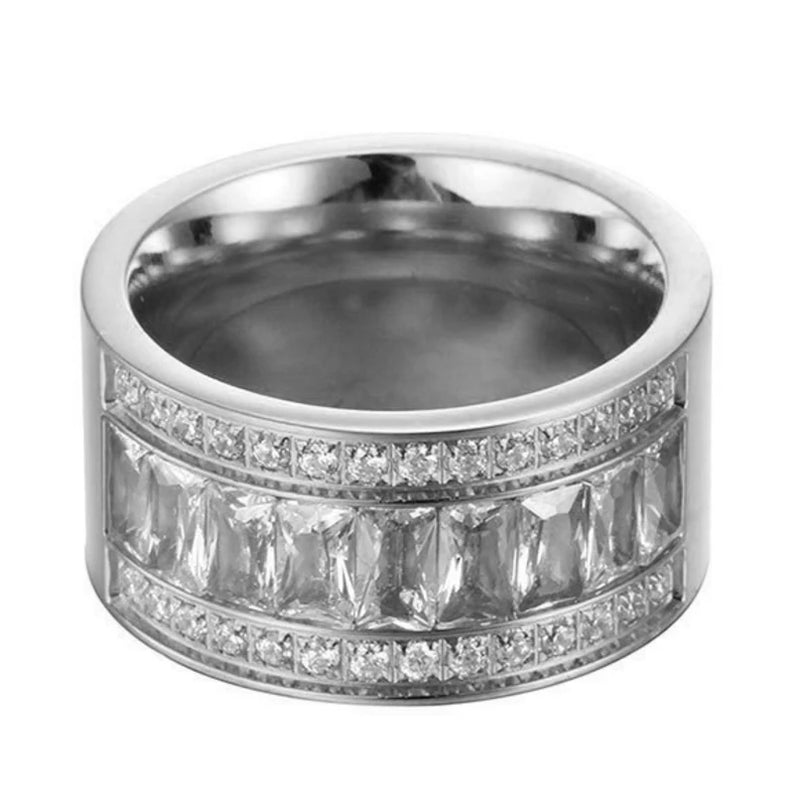 12mm Wide Stainless Steel Rhinestone Ring