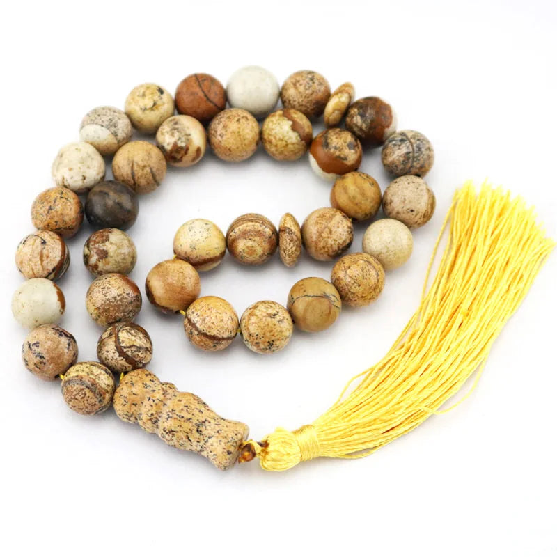 12mm Stone Bead Tasbih Bracelet with Allah Element, Yellow Tassel