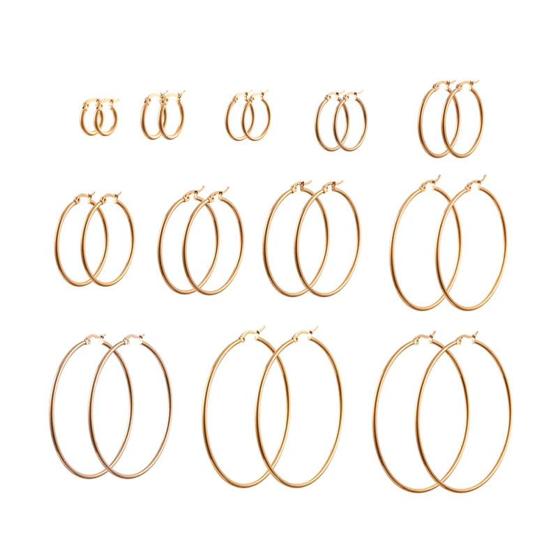 12 Pairs 304 Stainless Steel Hoop Earrings Huggie Hoops 12 Gauge Golden 15-70mm