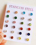 12pairs Stainless Steel Stud Earrings Set Birthstone Zirconia Gem Jewelry