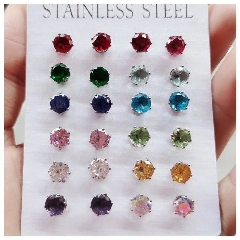 12pairs Stainless Steel Stud Earrings Set Birthstone Zirconia Gem Jewelry