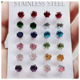 12pairs Stainless Steel Stud Earrings Set Birthstone Zirconia Gem Jewelry