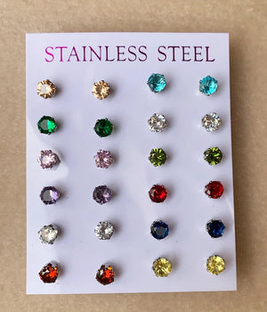 12pairs Stainless Steel Stud Earrings Set Birthstone Zirconia Gem Jewelry