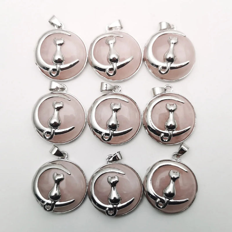 Natural Rose Quartz Stone Alloy cat Necklace Pendant Jewelry Making Charm