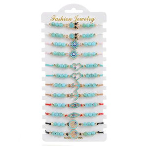 12pcs Adjustable Bracelets Natural Stone Evil Eye Beads Owl Charm Bracelet