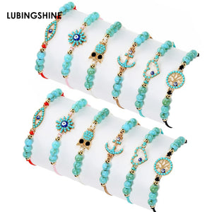 12pcs Adjustable Bracelets Natural Stone Evil Eye Beads Owl Charm Bracelet