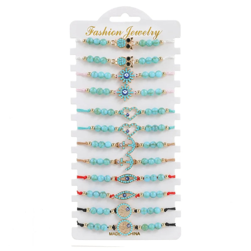 12pcs Adjustable Bracelets Natural Stone Evil Eye Beads Owl Charm Bracelet
