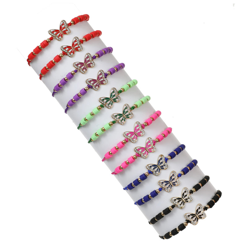 12pcs Polymer Clay Butterfly Charms Bracelets Adjustable Rope Chain Bracelet