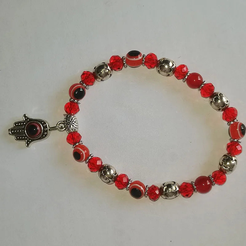 12pcs Devil's Eye Fatima Hand Bracelet Glass Beads Elastic Rope Woven