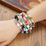 Natural Gravel Stone Pearl Beads Bracelet Pink Green Quartz Boho Beach Style