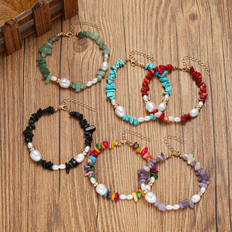 Natural Gravel Stone Pearl Beads Bracelet Pink Green Quartz Boho Beach Style