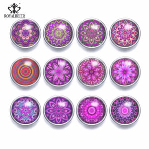 12pcs Glass Charms 12mm Snap Button Purple Kaleidoscope Flower Theme