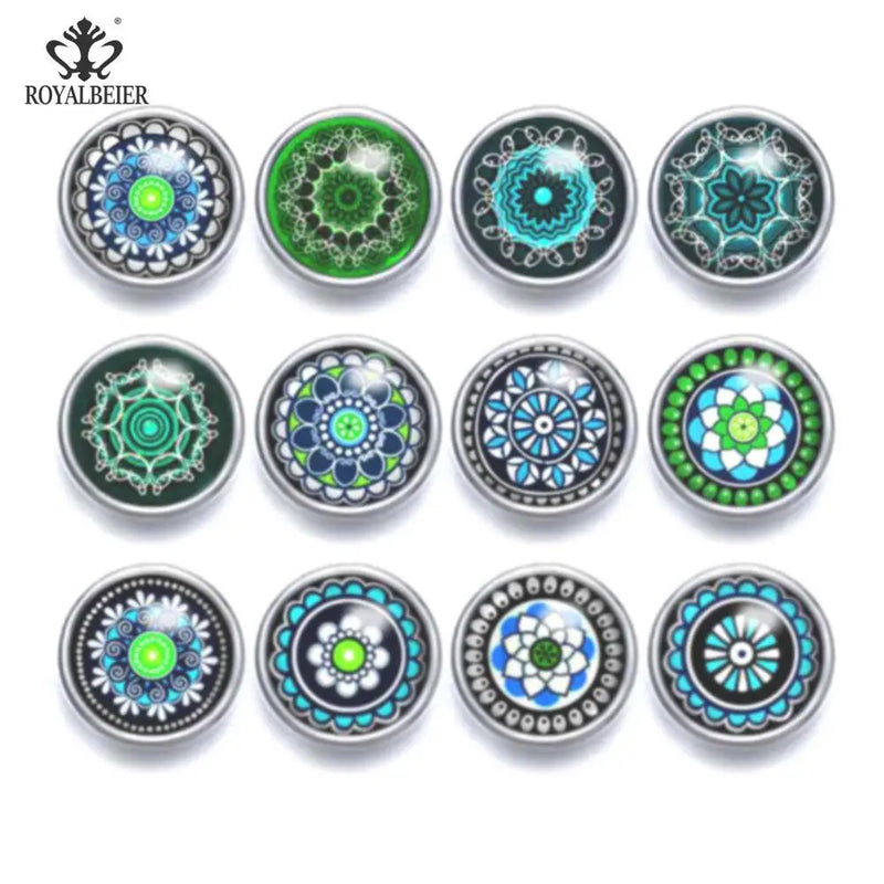 12pcs Glass Charms 12mm Snap Button Purple Kaleidoscope Flower Theme