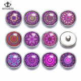 12pcs Glass Charms 12mm Snap Button Purple Kaleidoscope Flower Theme