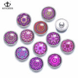 12pcs Glass Charms 12mm Snap Button Purple Kaleidoscope Flower Theme