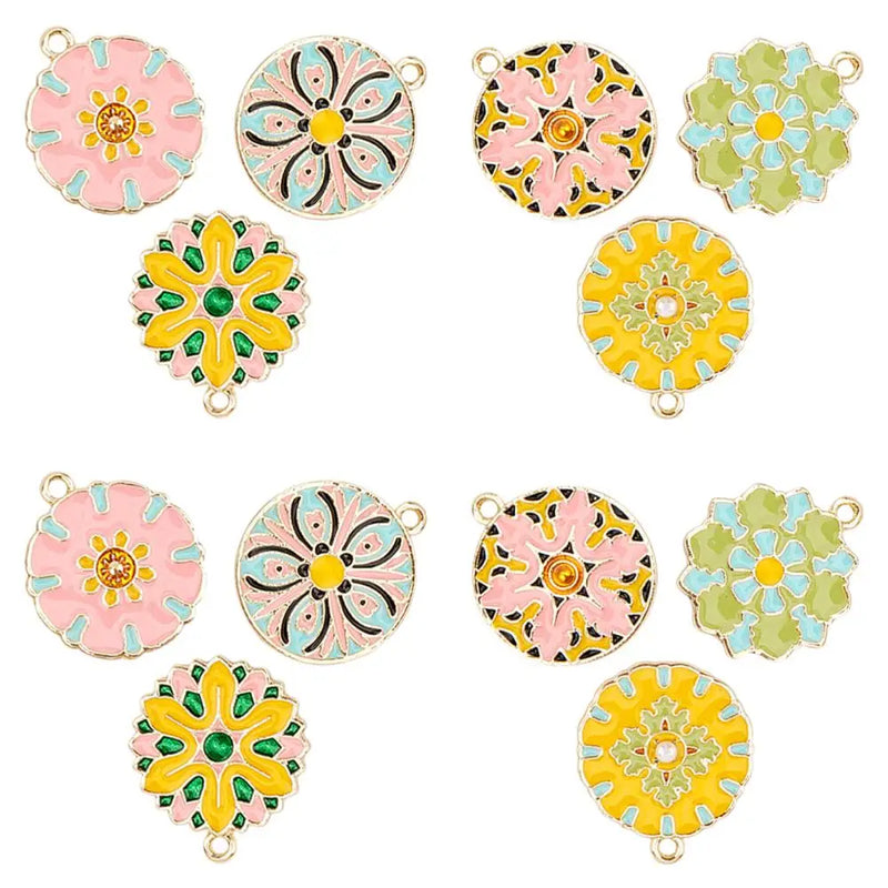 12pcs Enamel Pendants, Baroque Style, Flat Round Flower, 6 Colors