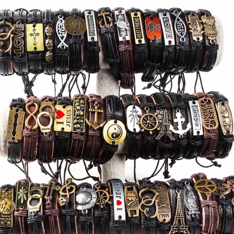 12pcs Leather Bracelet Wristband Bangle Lots Bulk Cuff Men Women