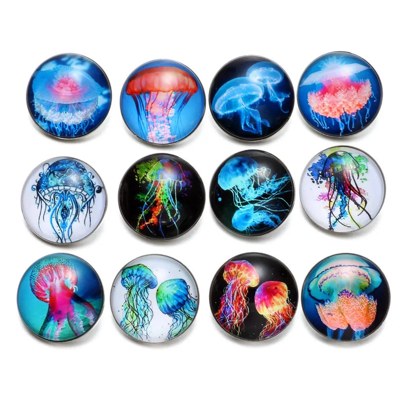 12pcs Jellyfish Pattern Glass Charm Snap Button Jewelry For Bracelet KZ0523