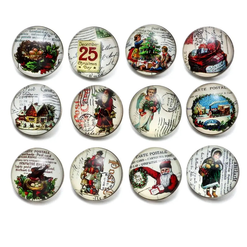 12pcs Christmas Stamp Glass Charm Snap Button Jewelry For 18mm Bracelet KZ0499