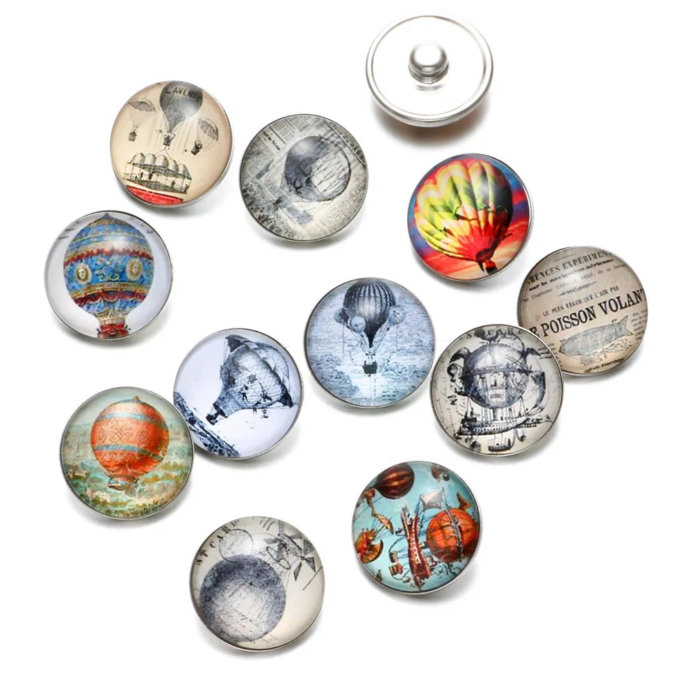 Vintage Hot Air Balloon Glass Charm Snap Button Jewelry