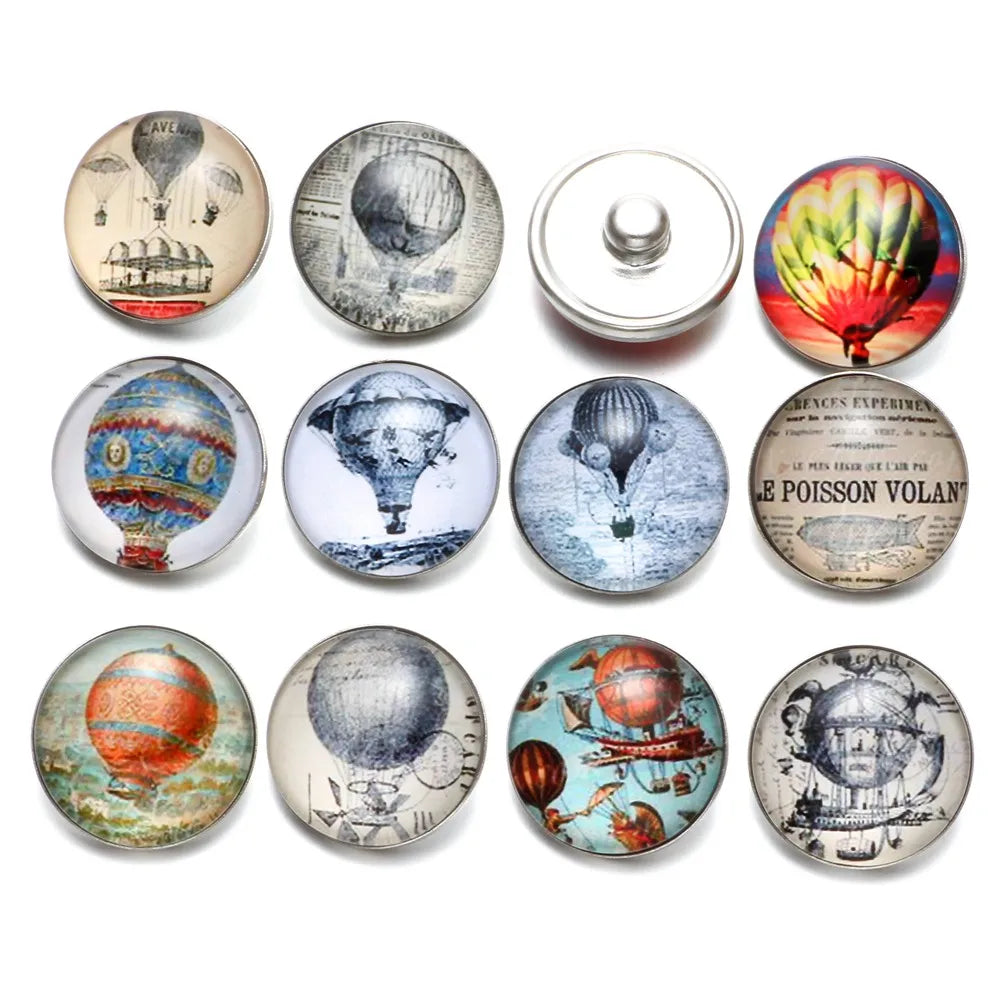 Vintage Hot Air Balloon Glass Charm Snap Button Jewelry
