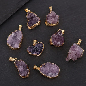 12pcs Natural Crystal Raw Stone Ore Pendant Irregular Amethyst Charms