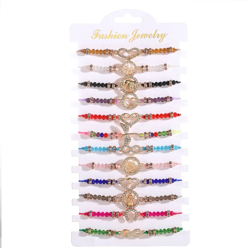 12pcs Rainbow Heart Animal Angle Rose Crystal Bracelet Women Girls