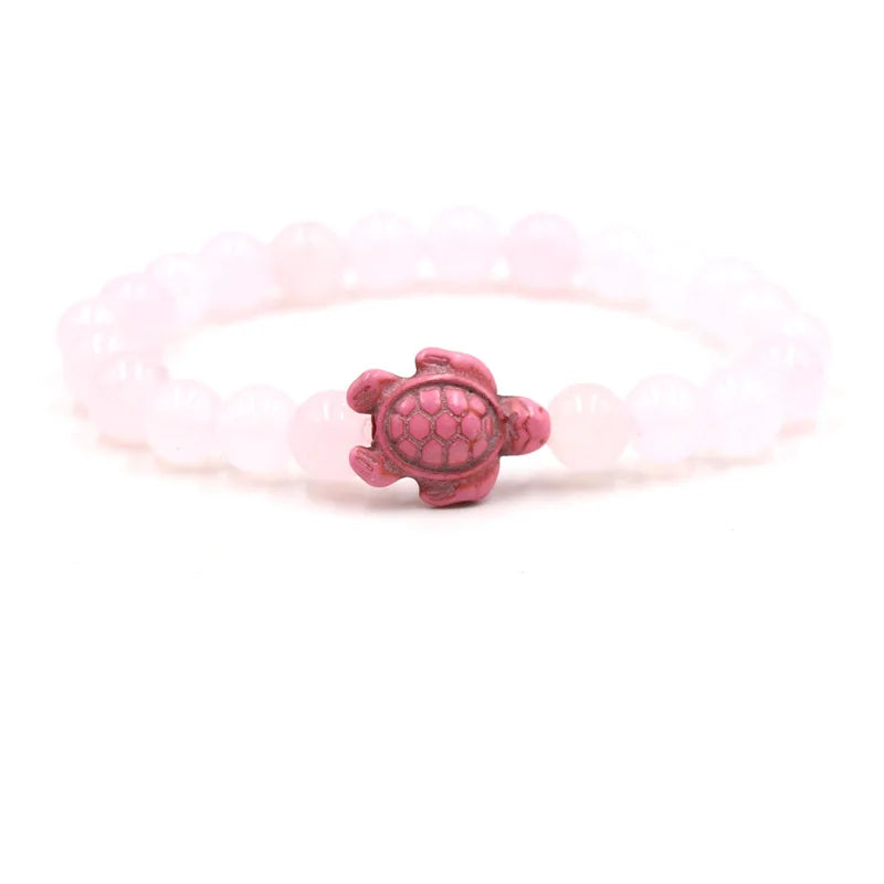 Sea Turtle Charm Bracelet with Rose Quartz Beads